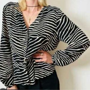 H&M black and white zebra print long-sleeve blouse V-neckline button closure